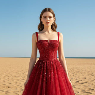 Red Classic Formal Evening Dresses Party Gowns with Strappy - Rosymae