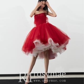 Strapless Red White Cocktail Dress Mini Above Knee Party Gown