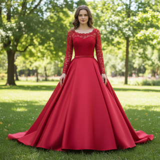 Long Sleeve Low Back A-line Satin Red Wedding Dresses