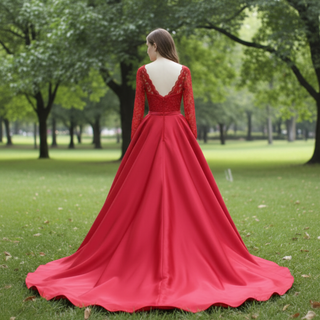 Long Sleeve Low Back A-line Satin Red Wedding Dresses