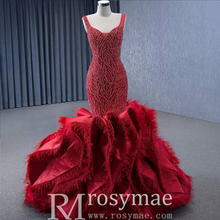 Red Mermaid Beading Evening Dress Feathers Ruffles Party Dress - Rosymae
