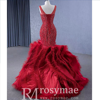 Red Mermaid Beading Evening Dress Feathers Ruffles Party Dress - Rosymae