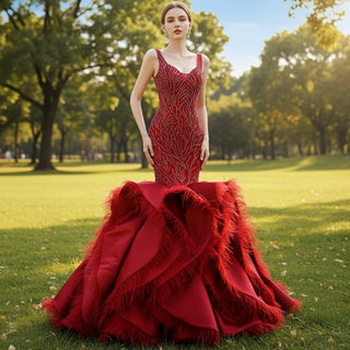 Red Mermaid Beading Evening Dress Feathers Ruffles Party Dress - Rosymae