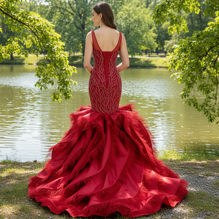 Red Mermaid Beading Evening Dress Feathers Ruffles Party Dress - Rosymae