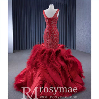 Red Mermaid Beading Evening Dress Feathers Ruffles Party Dress - Rosymae