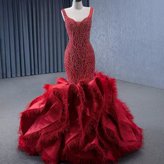 Red Mermaid Beading Evening Dress Feathers Ruffles Party Dress - Rosymae