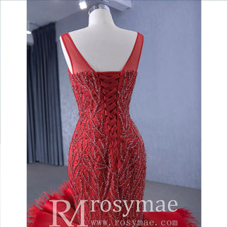 Red Mermaid Beading Evening Dress Feathers Ruffles Party Dress - Rosymae