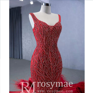 Red Mermaid Beading Evening Dress Feathers Ruffles Party Dress - Rosymae
