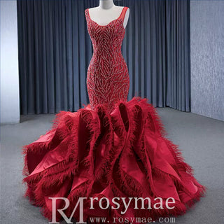 Red Mermaid Beading Evening Dress Feathers Ruffles Party Dress - Rosymae