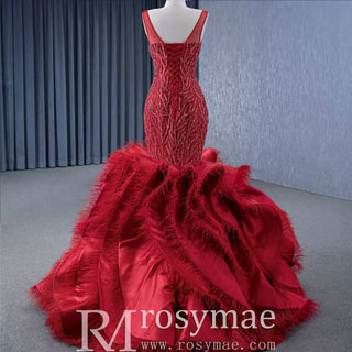 Red Mermaid Beading Evening Dress Feathers Ruffles Party Dress - Rosymae