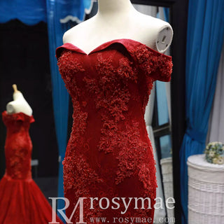 Red Mermaid Lace Prom Dress Off Shoulder Trumpet Evening Gown - Rosymae