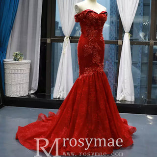 Red Mermaid Lace Prom Dress Off Shoulder Trumpet Evening Gown - Rosymae