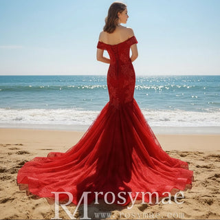 Red Mermaid Lace Prom Dress Off Shoulder Trumpet Evening Gown - Rosymae