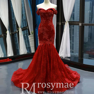 Red Mermaid Lace Prom Dress Off Shoulder Trumpet Evening Gown - Rosymae