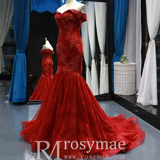 Red Mermaid Lace Prom Dress Off Shoulder Trumpet Evening Gown - Rosymae