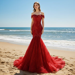 Red Mermaid Lace Prom Dress Off Shoulder Trumpet Evening Gown - Rosymae