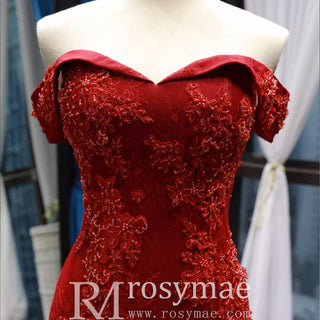Red Mermaid Lace Prom Dress Off Shoulder Trumpet Evening Gown - Rosymae