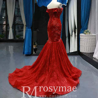 Red Mermaid Lace Prom Dress Off Shoulder Trumpet Evening Gown - Rosymae