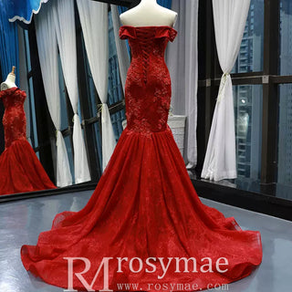 Red Mermaid Lace Prom Dress Off Shoulder Trumpet Evening Gown - Rosymae