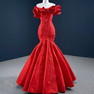 Red Mermaid Satin Off the Shoulder Appliques Ruffles Prom Dress - Rosymae