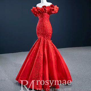 Red Mermaid Satin Off the Shoulder Appliques Ruffles Prom Dress - Rosymae