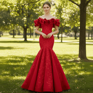 Red Mermaid Satin Off the Shoulder Appliques Ruffles Prom Dress - Rosymae