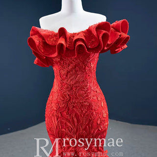 Red Mermaid Satin Off the Shoulder Appliques Ruffles Prom Dress - Rosymae