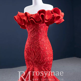 Red Mermaid Satin Off the Shoulder Appliques Ruffles Prom Dress - Rosymae