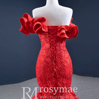 Red Mermaid Satin Off the Shoulder Appliques Ruffles Prom Dress - Rosymae
