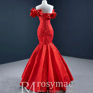 Red Mermaid Satin Off the Shoulder Appliques Ruffles Prom Dress - Rosymae