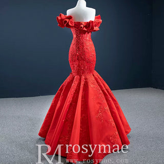 Red Mermaid Satin Off the Shoulder Appliques Ruffles Prom Dress - Rosymae