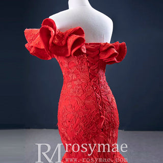 Red Mermaid Satin Off the Shoulder Appliques Ruffles Prom Dress - Rosymae