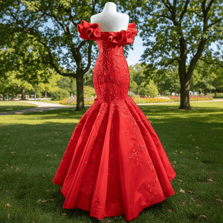 Red Mermaid Satin Off the Shoulder Appliques Ruffles Prom Dress - Rosymae