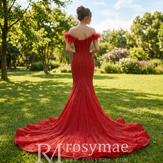 Off-Shoulder Feather Trim Pearl Beaded Mermaid Wedding Gown with Ruffled Hem