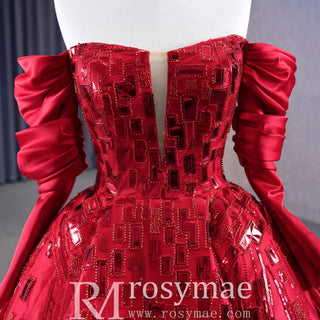 Red Off the Shoulder Sequin Quinceanera Dress Long Sleeve Formal Gown - Rosymae