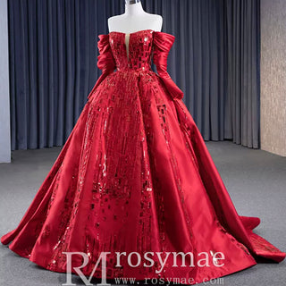Red Off the Shoulder Sequin Quinceanera Dress Long Sleeve Formal Gown - Rosymae
