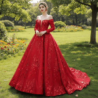 Red Off the Shoulder Sequin Quinceanera Dress Long Sleeve Formal Gown - Rosymae