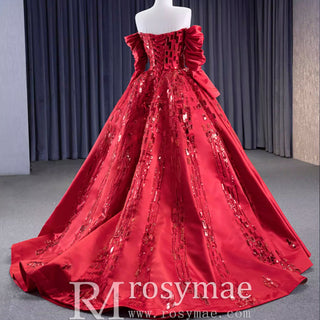 Red Off the Shoulder Sequin Quinceanera Dress Long Sleeve Formal Gown - Rosymae