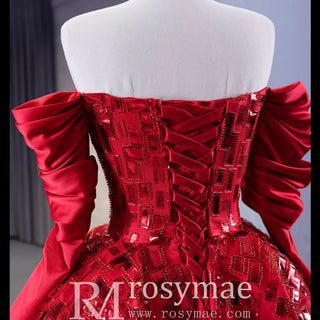 Red Off the Shoulder Sequin Quinceanera Dress Long Sleeve Formal Gown - Rosymae