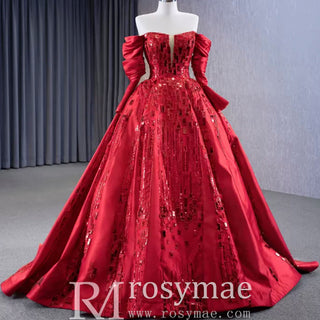 Red Off the Shoulder Sequin Quinceanera Dress Long Sleeve Formal Gown - Rosymae