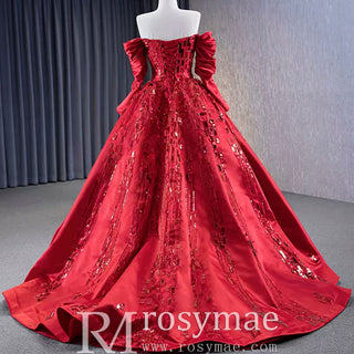 Red Off the Shoulder Sequin Quinceanera Dress Long Sleeve Formal Gown - Rosymae