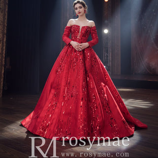 Red Off the Shoulder Sequin Quinceanera Dress Long Sleeve Formal Gown - Rosymae