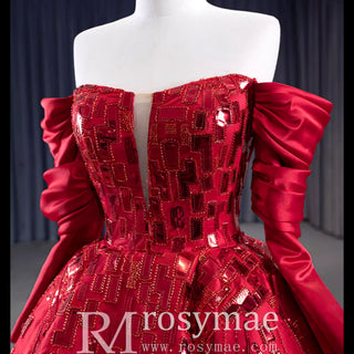 Red Off the Shoulder Sequin Quinceanera Dress Long Sleeve Formal Gown - Rosymae