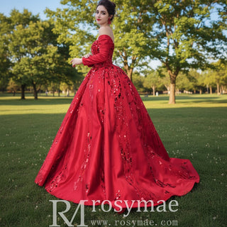Red Off the Shoulder Sequin Quinceanera Dress Long Sleeve Formal Gown - Rosymae