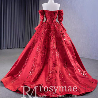 Red Off the Shoulder Sequin Quinceanera Dress Long Sleeve Formal Gown - Rosymae