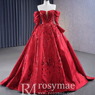 Red Off the Shoulder Sequin Quinceanera Dress Long Sleeve Formal Gown - Rosymae