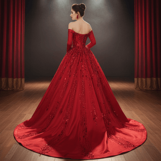 Red Off the Shoulder Sequin Quinceanera Dress Long Sleeve Formal Gown - Rosymae