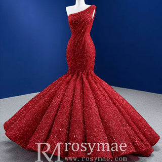 Red One Shoulder Luxury Evening Dress Sequins Trumpet For Women Party - Rosymae