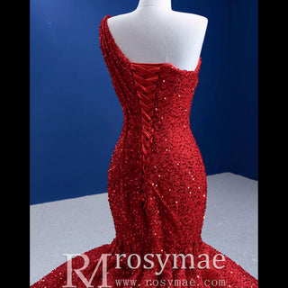 Red One Shoulder Luxury Evening Dress Sequins Trumpet For Women Party - Rosymae