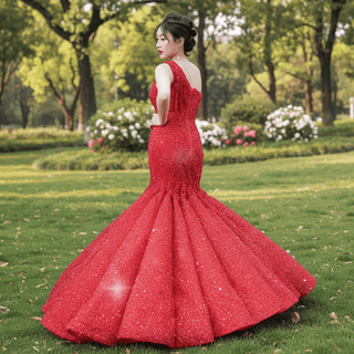 Red One Shoulder Luxury Evening Dress Sequins Trumpet For Women Party - Rosymae